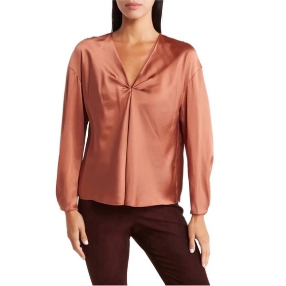 Vince 100% silk beautiful color shiny rust V-neck long sleeve - Picture 1 of 3